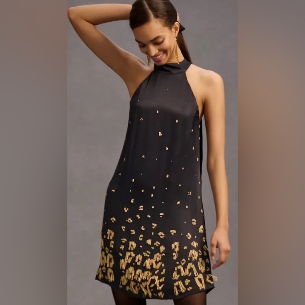 Anthropologie black mini dress with gold beading, sz 6